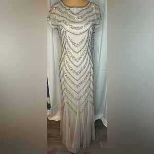 Adrianna Papell Godet Inset Marble Cap Sleeve Gown